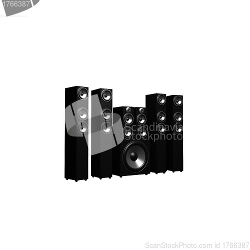 Image of 3d illustration of audio system over white background