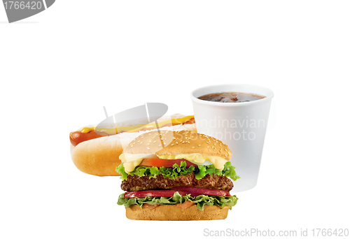 Image of Cheeseburger hamburger meal with french fries and soda drink