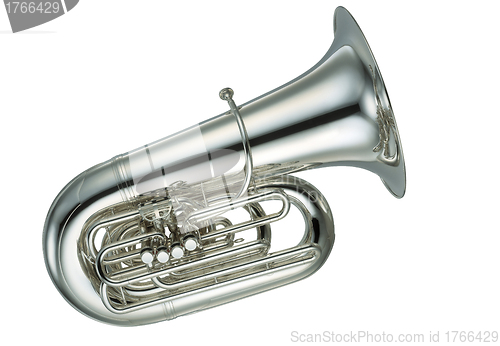 Image of Large gold brass tuba on white background