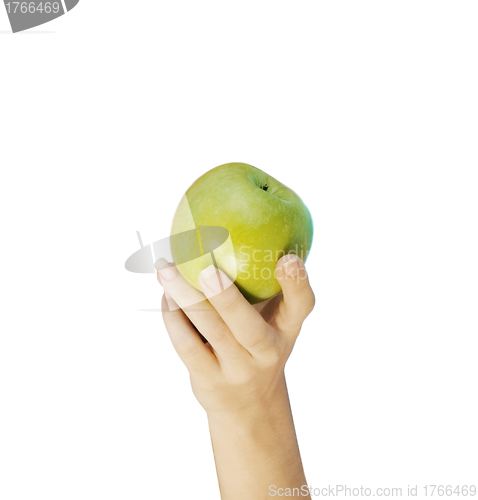 Image of Hand with apple isolated on white background