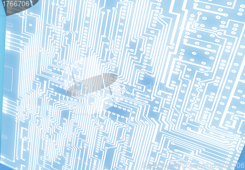 Image of dark blue circuit board scheme with conductors and solder