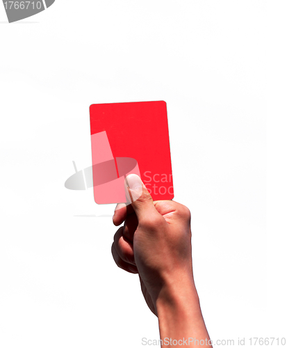 Image of Hand holding a red card isolated on white background