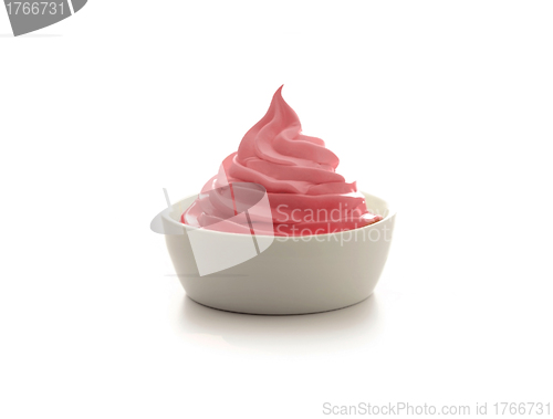 Image of Strawberry ice cream in bowl on white background