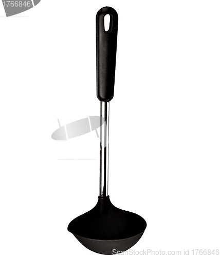 Image of Big black plastic kitchen spoon isolated on white