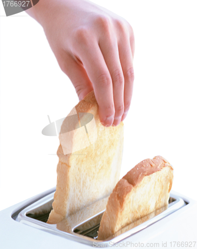 Image of hand catches toast bread slices flying out of a toaster
