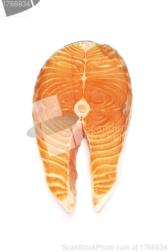 Image of fresh salmon steak on white background