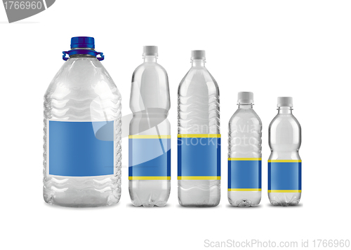 Image of Bottled water in 5 sizes isolated