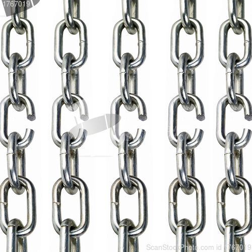 Image of collection of metal chain parts on white background