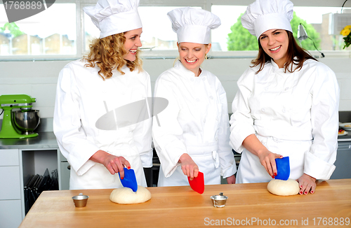 Image of Professional chefs kneading bread dough