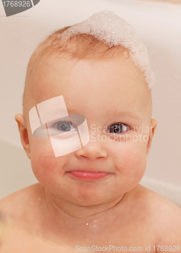 Image of Adorable bath baby with soap suds