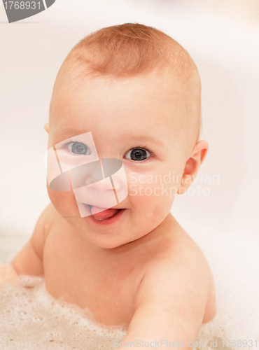 Image of Adorable bath baby with soap suds