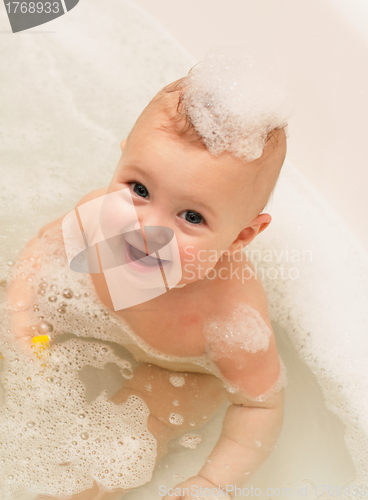 Image of Adorable bath baby with soap suds