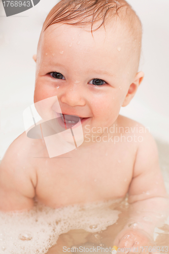 Image of Adorable bath baby with soap suds