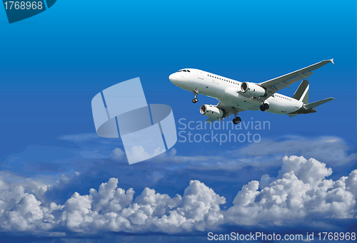 Image of Airliner is landing on cloudy sky background - illustration