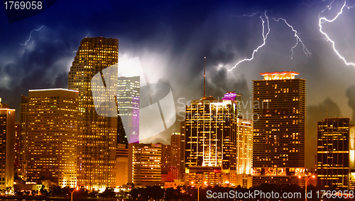 Image of Miami Skyscrapers and Lights at Night, Florida