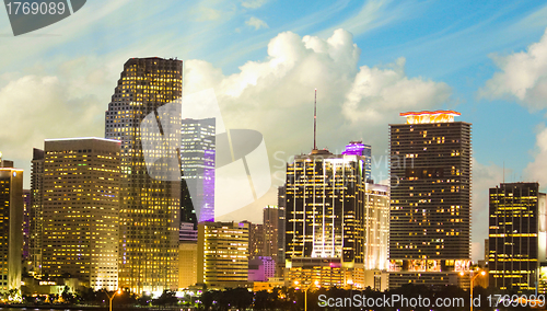 Image of Miami Skyscrapers and Lights at Night, Florida