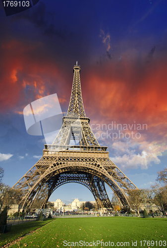 Image of Dramatic Sky Colors above Eiffel Tower in Paris