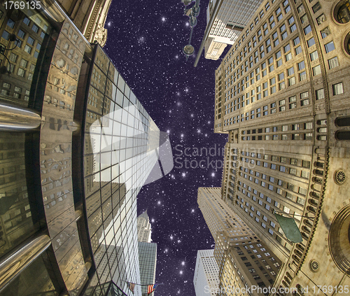 Image of Upward view of Manhattan Skyscrapers in the Night