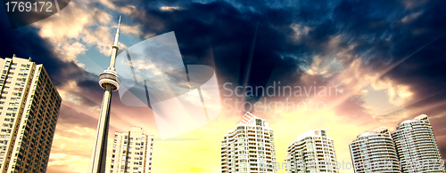 Image of Sky over Toronto cityscape during sunset. Taken from Center Isla