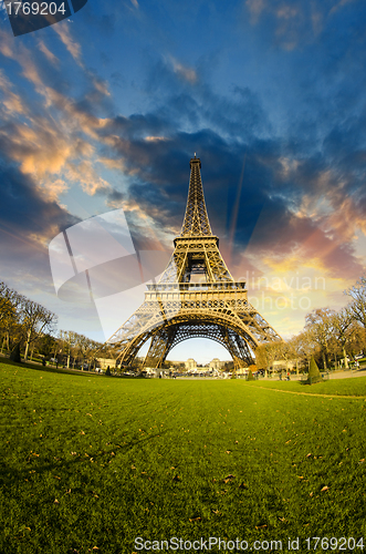 Image of Front view of Eiffel Tower from Champ de Mars