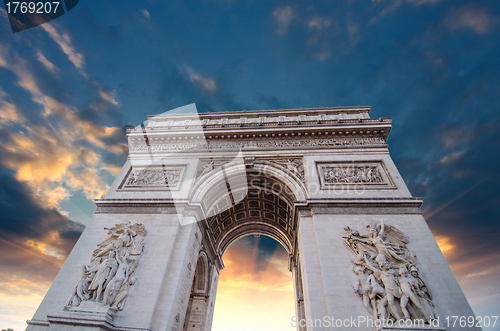 Image of Famous Arc de Triomphe in Paris with Dramatic Sky