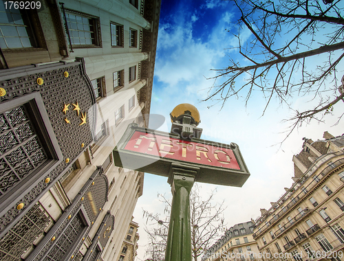 Image of Metro Sign in Paris with Architecture in background