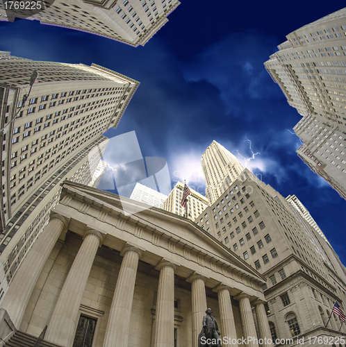 Image of Upward Wide Angle View of Manhattan Skyscrapers