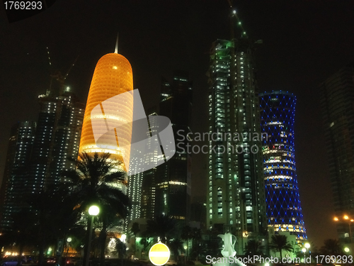 Image of Skyscrapers at Night in Doha, Qatar