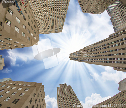 Image of Upward view of Manhattan Office Buildings and Skyscrapers