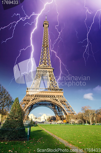 Image of Storm above Eiffel Tower, view from Champs de Mars