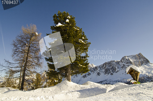 Image of Snowy Landscape of Dolomites Mountains during Winter