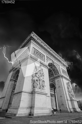 Image of Black and White dramatic view of Arc de Triomphe in Paris