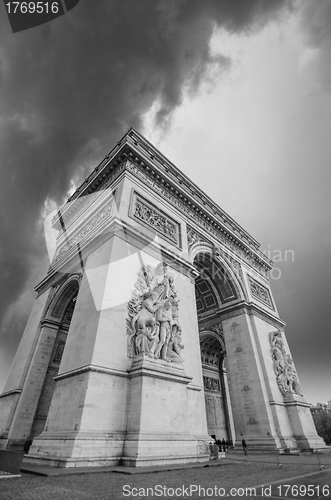 Image of Black and White dramatic view of Arc de Triomphe in Paris