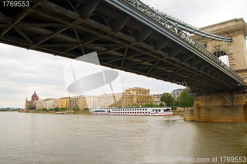 Image of  Parliament building cityscape of Danube River dividing Buda and