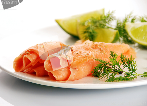 Image of smoked salmon on white plate 