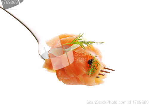 Image of smoked salmon on a fork