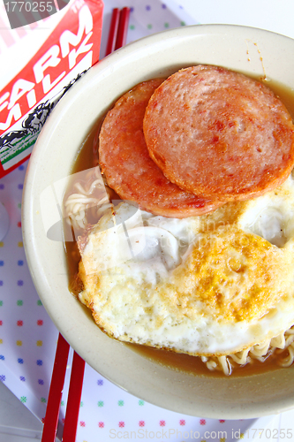 Image of Hong Kong breakfast - milk, egg and meat instant noodles