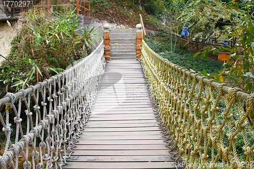 Image of Adventure wooden rope suspension bridge in jungle rainforest