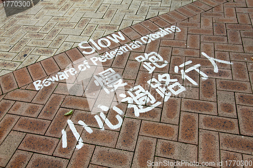 Image of Slow beware of pedestrian crossing on the ground