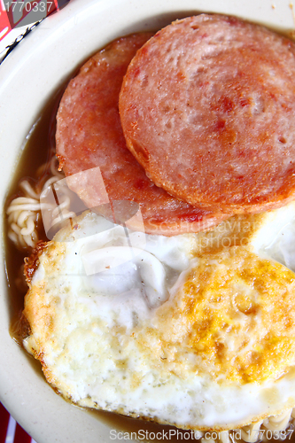 Image of Hong Kong breakfast - milk, egg and meat instant noodles