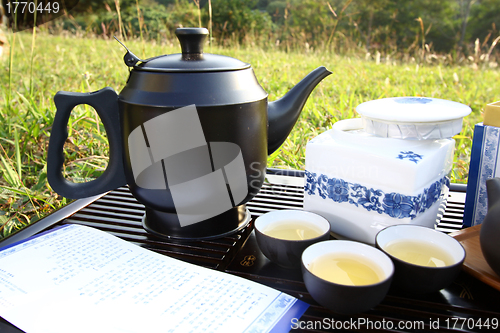 Image of Asian tea set on grasses