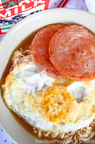 Image of Hong Kong breakfast - milk, egg and meat instant noodles