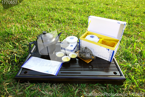 Image of Asian tea set on grasses