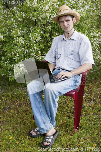 Image of A young man in a cherry garden