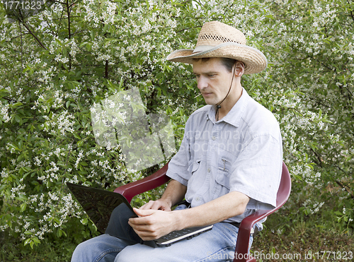 Image of A young man in a cherry garden