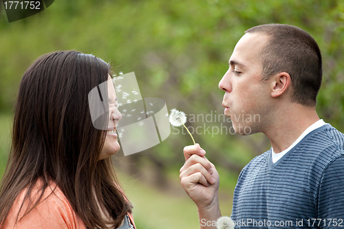 Image of Young Couple Blowing Dandelions