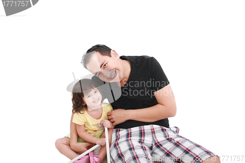 Image of Father and daughter smiling - isolated over a white background 