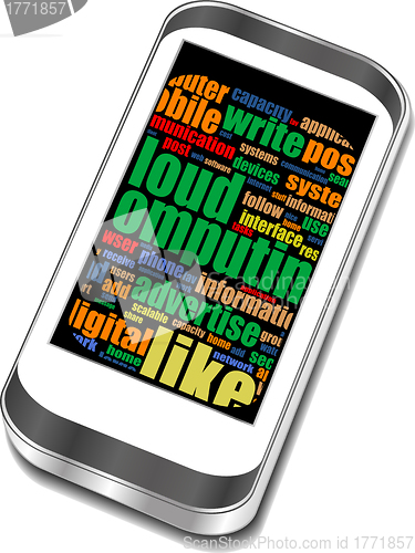 Image of Smart phone with application icons and social media words