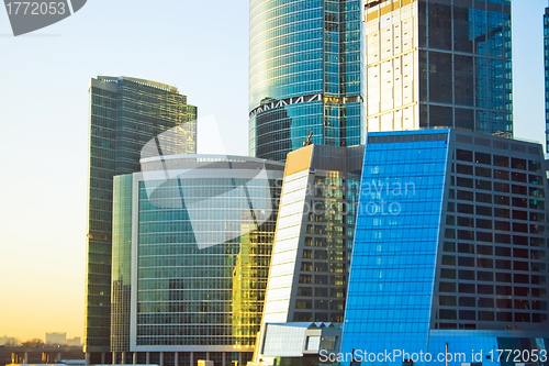 Image of Business skyscrapers at sunset