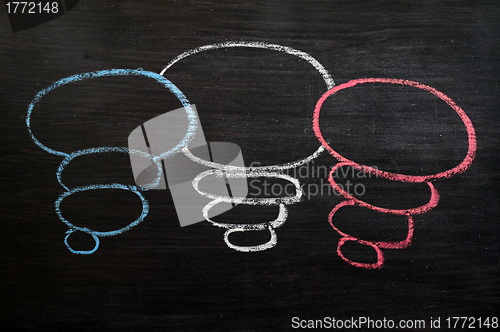 Image of Blank speech bubbles drawn in chalk on a blackboard 